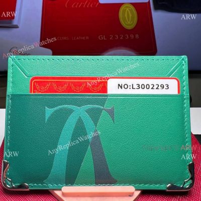 Best Copy Cartier Credit Card Holder Green Leather -Silver corner